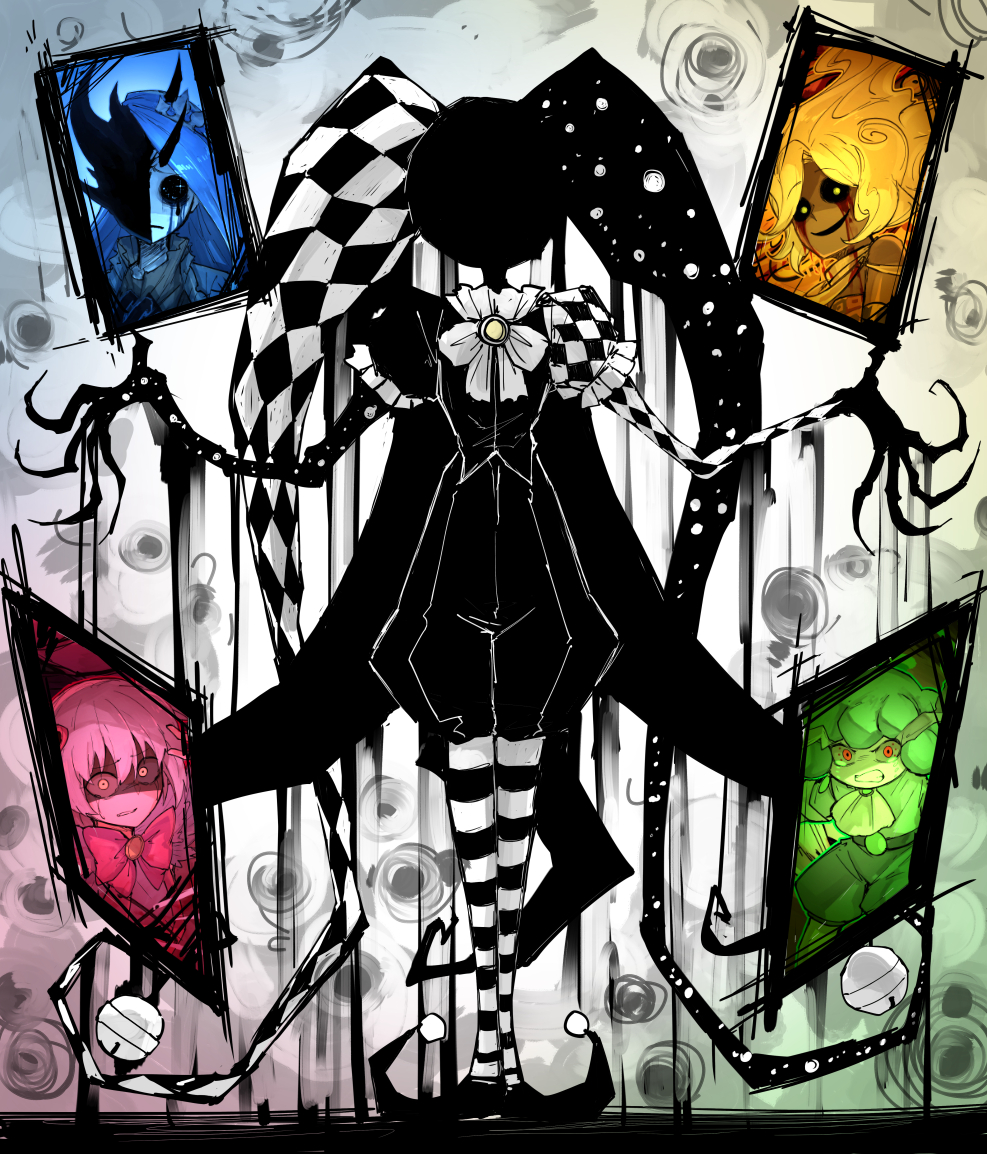 1other, 4girls, baggy_pants, bow, claws, faceless, facing_viewer, full_body, jester, kankan33333, king_of_greed, knight_of_despair, library_of_ruina, multiple_girls, nihil_(project_moon), non-web_source, pants, pom_pom_(clothes), project_moon, queen_of_hatred, servant_of_wrath, standing, swirl