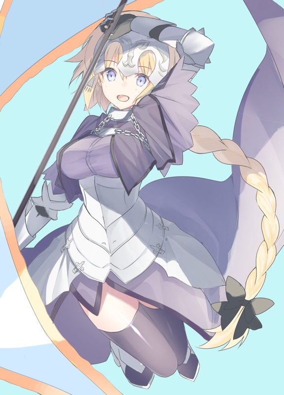 1girl, armor, black_gloves, black_thighhighs, blonde_hair, blue_background, blue_eyes, breasts