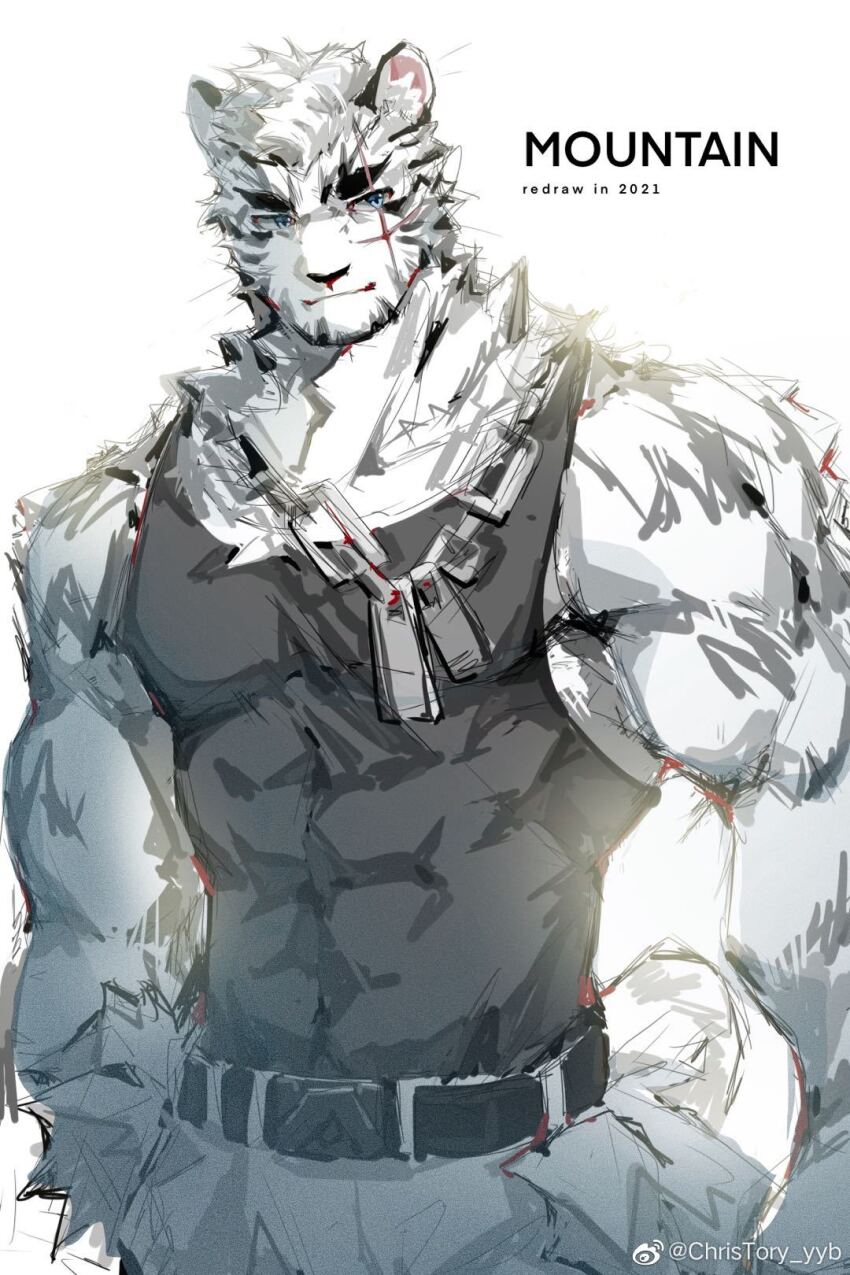 1boy, animal_ears, arknights, bara, bare_arms, black_tank_top, blue_eyes, chain