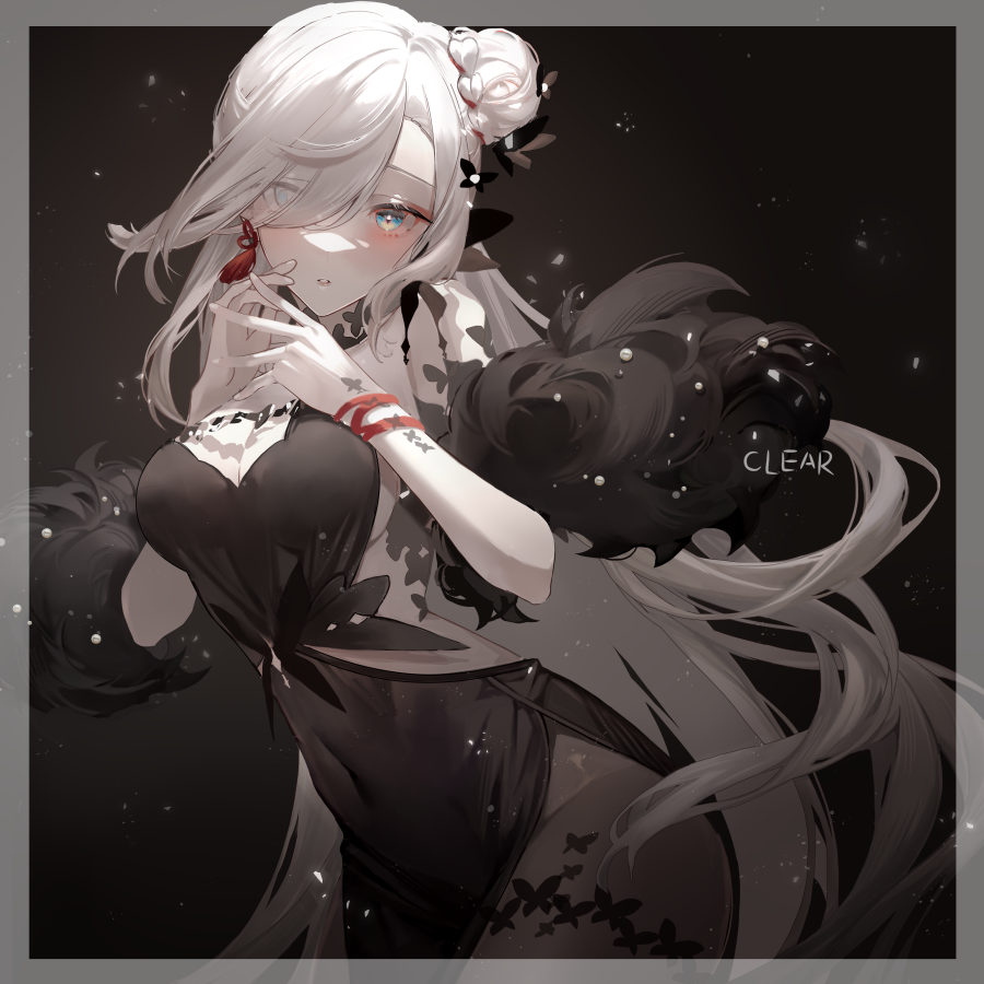 1girl, alternate_costume, alternate_hairstyle, animal_print, black_dress, braid, breasts, butterfly_print