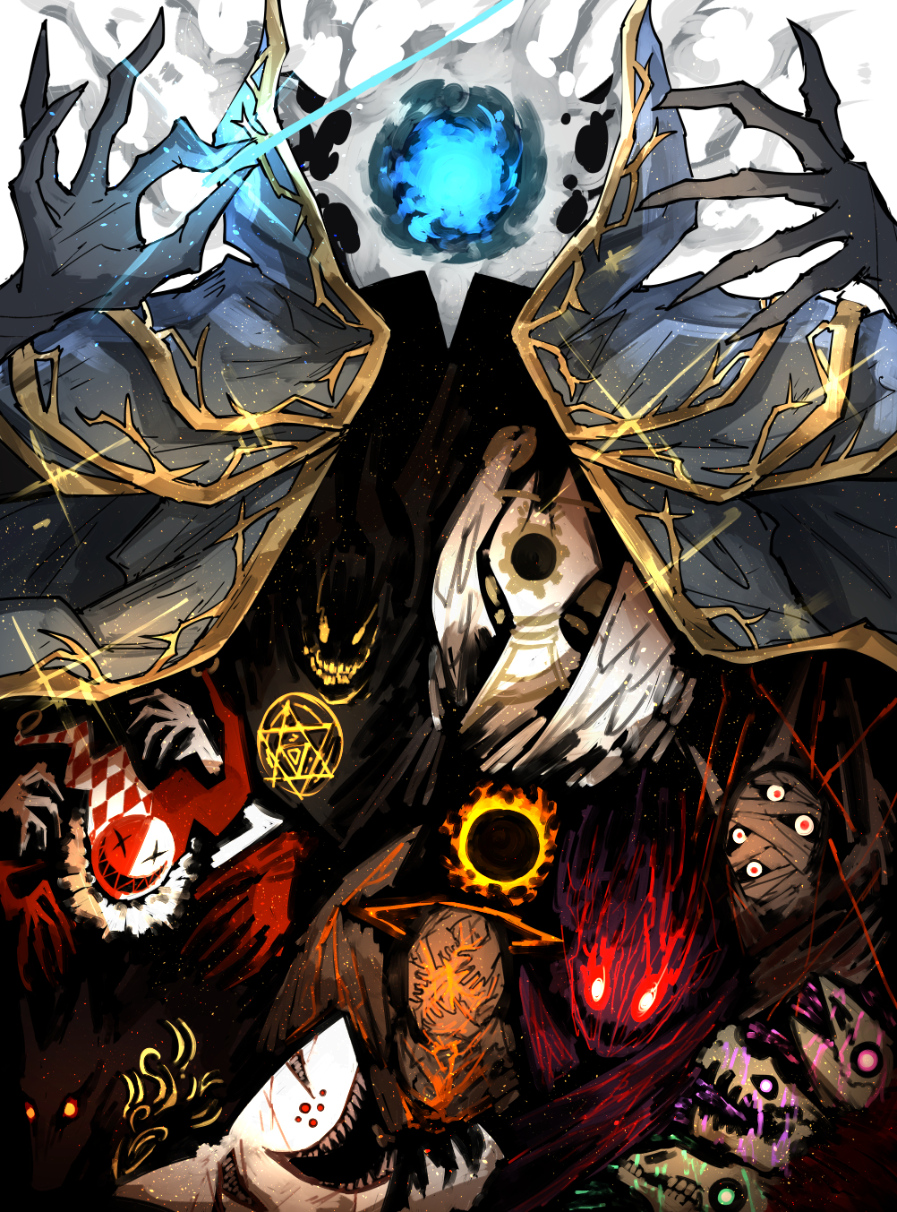 animal_skull, argalia_(project_moon), conductor_baton, bremen_(project_moon), conductor, eileen_(project_moon), elena_(project_moon), extra_arms, extra_eyes, extra_mouth, faceless, feathered_wings, flaming_eyes, glyph, gold_trim, greta_(project_moon), halo, highres, holding, jae-heon, kankan33333, library_of_ruina, monster, non-web_source, oswald_(project_moon), philip_(project_moon), pluto_(project_moon), project_moon, shark, simple_background, smile, spoilers, tanya_(project_moon), white_background, wings, wolf