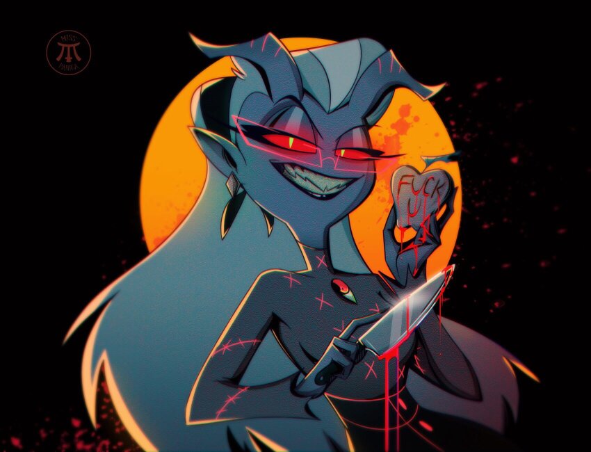 1girl, apple, black_skirt, blood, blood_on_hands, bloody_knife, brooch, colored_sclera