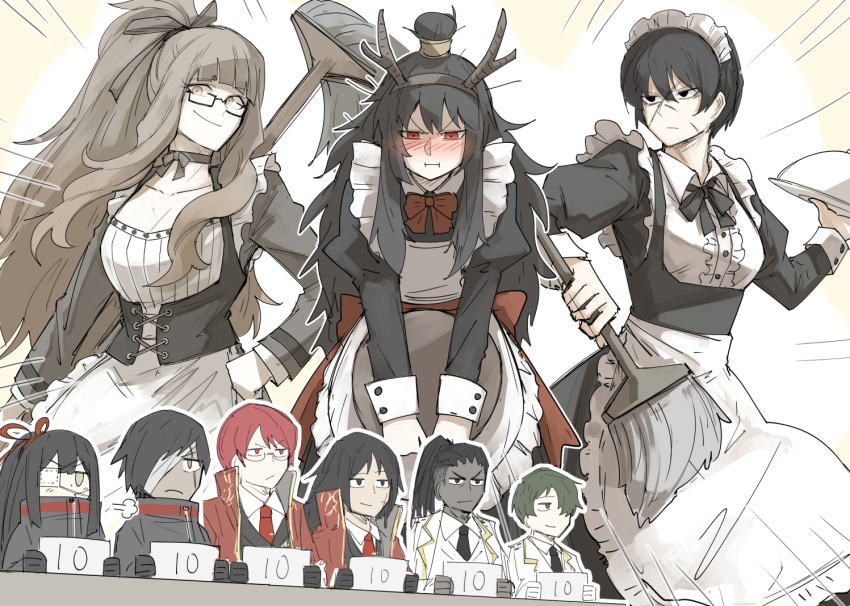 4girls, 5boys, :i, apron, bandage_over_one_eye, black-framed_eyewear, black_eyes, black_hair, black_jacket, black_necktie, blush, bow, breasts, buttons, choker, chun_(project_moon), cleavage, coat, collared_shirt, comically_serious, corset, embarrassed, eyepatch, fake_antlers, glasses, green_hair, hair_bow, hair_over_one_eye, hana_association_south_uniform, hand_on_own_hip, harold_(project_moon), holding, holding_tray, jacket, judge, kankan33333, library_of_ruina, light_brown_hair, long_hair, long_sleeves, looking_down, lowell_(project_moon), maid, maid_apron, medium_breasts, messy_hair, mirinae_(project_moon), miris_(project_moon), motion_lines, multiple_boys, multiple_girls, necktie, non-web_source, olivier_(project_moon), ponytail, project_moon, puff_of_air, red_bow, red_coat, red_eyes, red_hair, red_necktie, scar, scar_on_face, serious, shi_association_south_uniform, shirt, short_hair, simple_background, smile, tenma_(project_moon), tie_clip, tray, valentin_(project_moon), white_background, white_jacket, white_shirt, xiao_(project_moon), yellow_eyes, yujin_(project_moon)