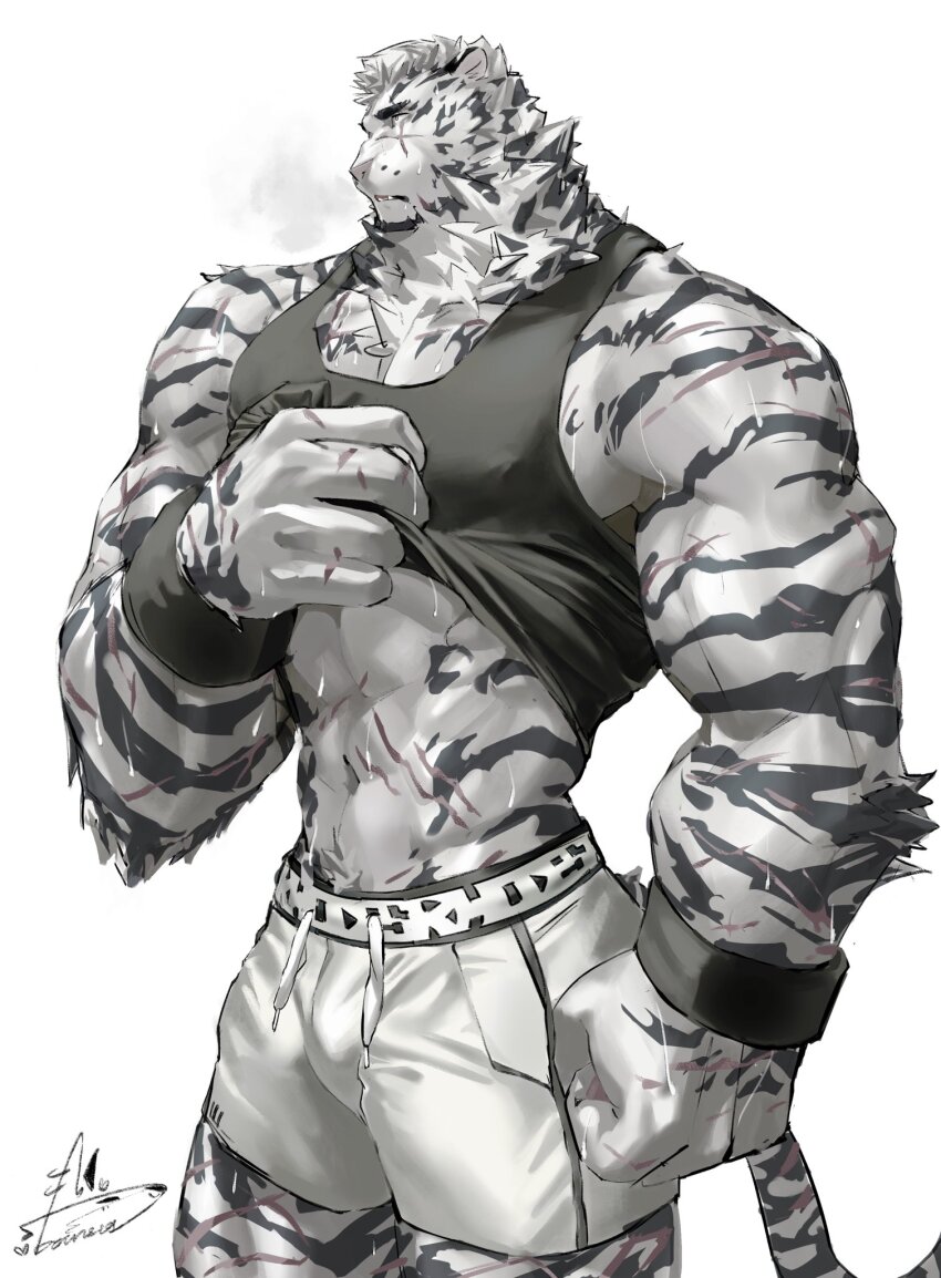 1boy, abs, animal_ears, arknights, bara, bare_arms, bounsies, breath