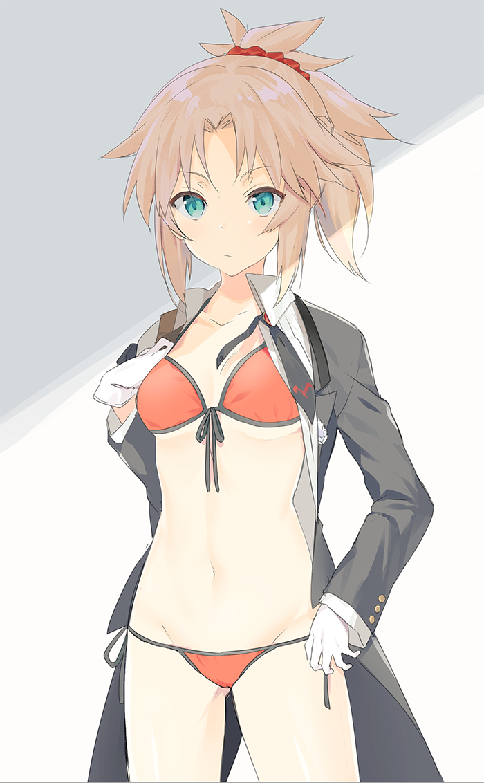 1girl, bikini, blonde_hair, breasts, closed_mouth, cowboy_shot, eka_eri, fate/grand_order, fate_(series), front-tie_bikini_top, front-tie_top, gloves, green_eyes, grey_background, jacket, jacket_over_swimsuit, looking_at_viewer, medium_breasts, medium_hair, mordred_(fate), mordred_(fate/apocrypha), mordred_(formal_dress)_(fate), mordred_(swimsuit_rider)_(first_ascension)_(fate), ponytail, red_bikini, side-tie_bikini_bottom, simple_background, solo, swimsuit, two-tone_background, white_background, white_gloves