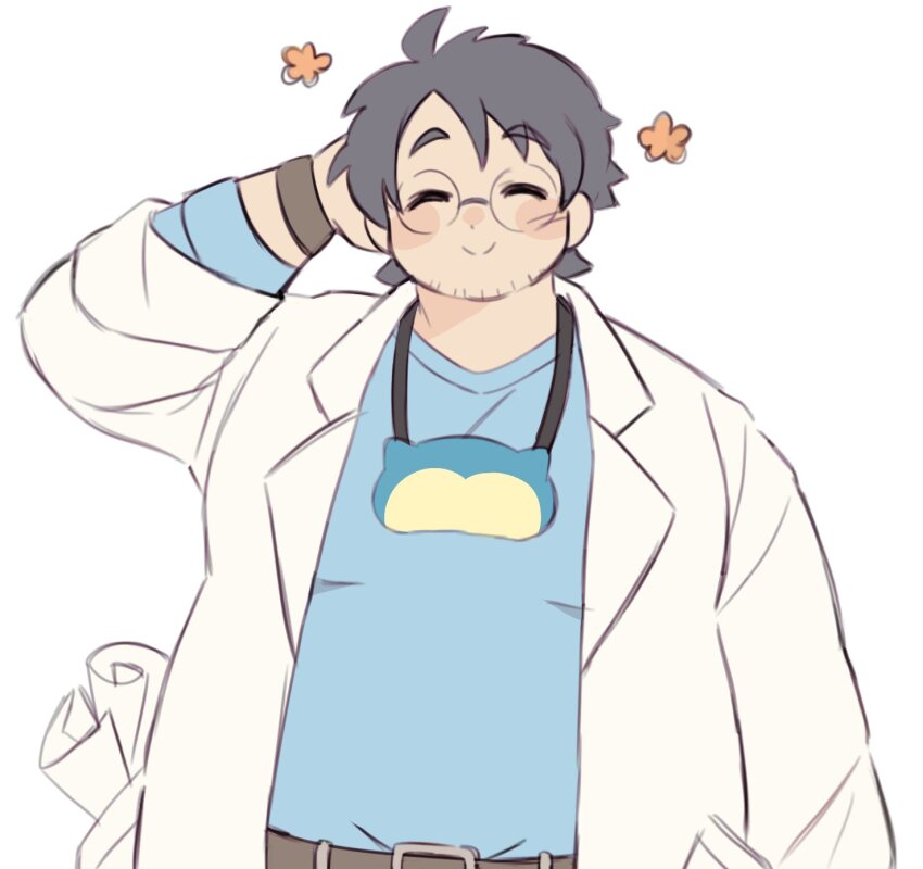 1boy, ^_^, arm_behind_head, belly, closed_eyes, facial_hair, facing_viewer, fat, fat_man, gen_1_pokemon, glasses, grey_hair, happy_aura, highres, koipo_(fungikoi), lab_coat, male_focus, merchandise, professor_neroli, nintendo, paper, pokemon, pokemon_sleep, round_eyewear, short_hair, sleep_mask, snorlax, solo, stubble, upper_body
