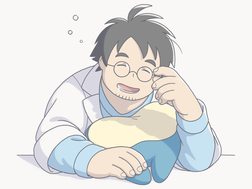 1boy, absurdres, drooling, facial_hair, gen_1_pokemon, glasses, grey_hair, highres