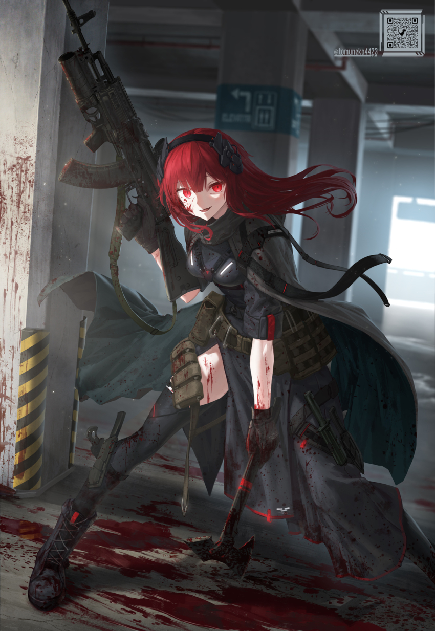 1girl, ak-74m, artist_name, assault_rifle, asymmetrical_dual_wielding, axe, belt_pouch, black_boots, black_cloak, black_dress, black_gloves, black_thighhighs, blood, blood_on_clothes, blood_on_face, blood_splatter, boots, cloak, commentary_request, commission, dress, dual_wielding, full_body, gloves, gp-30, grenade_launcher, gun, gun_sling, headgear, highres, holding, holding_axe, holding_gun, holding_weapon, kalashnikov_rifle, knife, long_hair, looking_at_viewer, multiple_weapons, original, pixiv_commission, pouch, qr_code, red_eyes, red_hair, rifle, short_sleeves, smile, solo, standing, thighhighs, tom-neko_(zamudo_akiyuki), tomahawk, trigger_discipline, underbarrel_grenade_launcher, weapon
