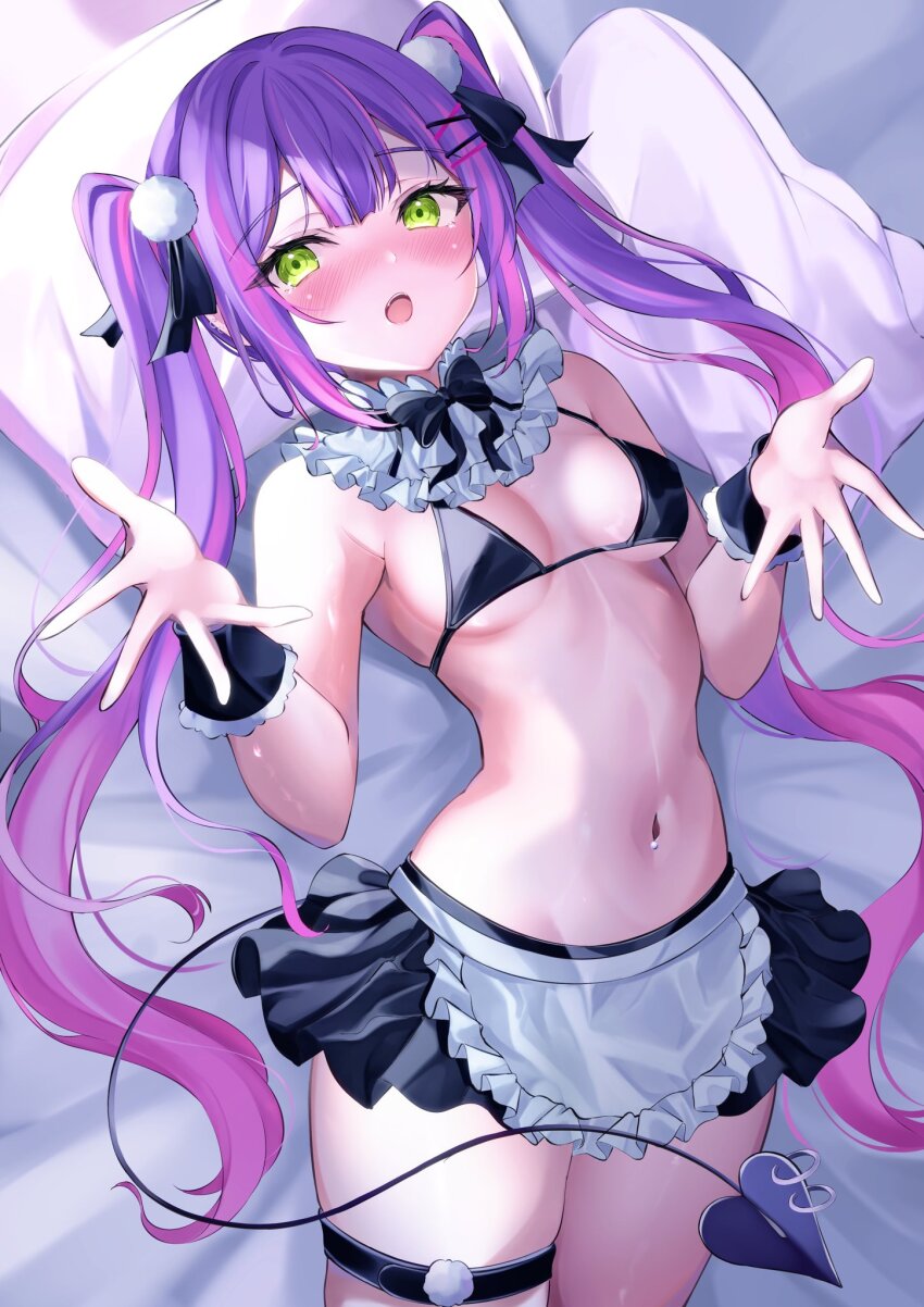 1girl, apron, bed_sheet, black_bow, black_bowtie, black_bra, black_ribbon, black_skirt, black_wrist_cuffs, blunt_bangs, blush, bow, bowtie, bra, breasts, breasts_apart, commentary, curvy, demon_tail, ear_piercing, embarrassed, eyelashes, frilled_apron, frilled_cuffs, frills, full-face_blush, green_eyes, hair_ribbon, hair_spread_out, head_on_pillow, heart, heart_tail, highres, hololive, ibuki_sho, long_hair, looking_at_viewer, lying, medium_breasts, midriff, miniskirt, navel, on_back, open_hands, open_mouth, piercing, pillow, pom_pom_(clothes), presenting, purple_hair, ribbon, sidelocks, skindentation, skirt, solo, spread_fingers, stomach, tail, tail_ornament, tail_piercing, teeth, thigh_strap, thighs, tokoyami_towa, twintails, underwear, upper_teeth_only, very_long_hair, virtual_youtuber, white_apron, wrist_cuffs