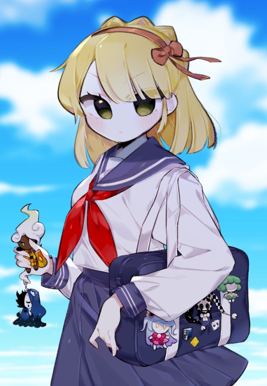 1girl, absurdres, alternate_costume, blonde_hair, blue_serafuku, blue_skirt, blue_sky, blush