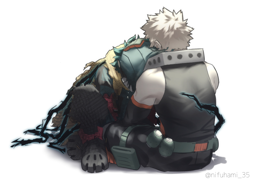 2boys, baggy_pants, bakugou_katsuki, bare_shoulders, bell, black_outline, black_pants, black_tank_top
