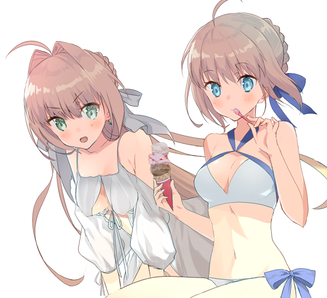 2girls, :d, ahoge, artoria_pendragon_(fate), bikini, blonde_hair, blue_ribbon, blush
