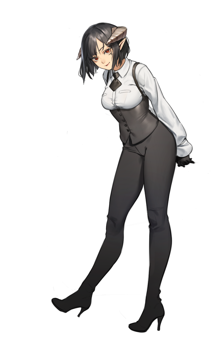 1girl, arms_behind_back, beeeeen, black_gloves, black_hair, black_necktie, black_pants, black_vest, closed_mouth, full_body, gloves, covered_groin, high_heels, highres, hime-sama_"goumon"_no_jikan_desu, leaning_forward, long_sleeves, looking_at_viewer, necktie, pants, pointy_ears, red_eyes, shirt, short_hair, short_necktie, simple_background, solo, standing, suspenders, torture_tortura, underbust, vest, white_background, white_shirt