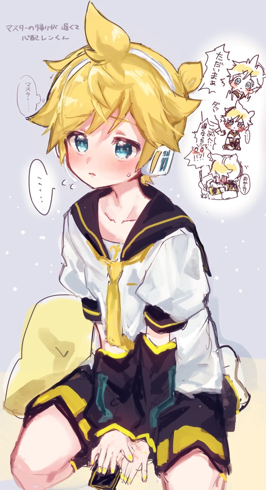 ..., 1boy, black_sailor_collar, black_shorts, black_wrist_cuffs, blonde_hair, blue_eyes, blush