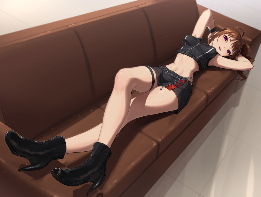1girl, ahoge, ankle_boots, armpits, arms_behind_head, arms_up, bare_arms, black_boots, black_shirt, black_skirt, blush, boots, breasts, brown_hair, chain, couch, crop_top, crossed_legs, drill_hair, foreshortening, full_body, high_heel_boots, high_heels, high_side_ponytail, idolmaster, idolmaster_million_live!, idolmaster_million_live!_theater_days, jus-2-mint, kamille_(vcx68), long_hair, looking_at_viewer, lying, medium_breasts, midriff, miniskirt, navel, on_back, on_couch, parted_lips, purple_eyes, shirt, side_drill, side_ponytail, skirt, sleeveless, sleeveless_shirt, smile, solo, stomach, thigh_strap, yokoyama_nao