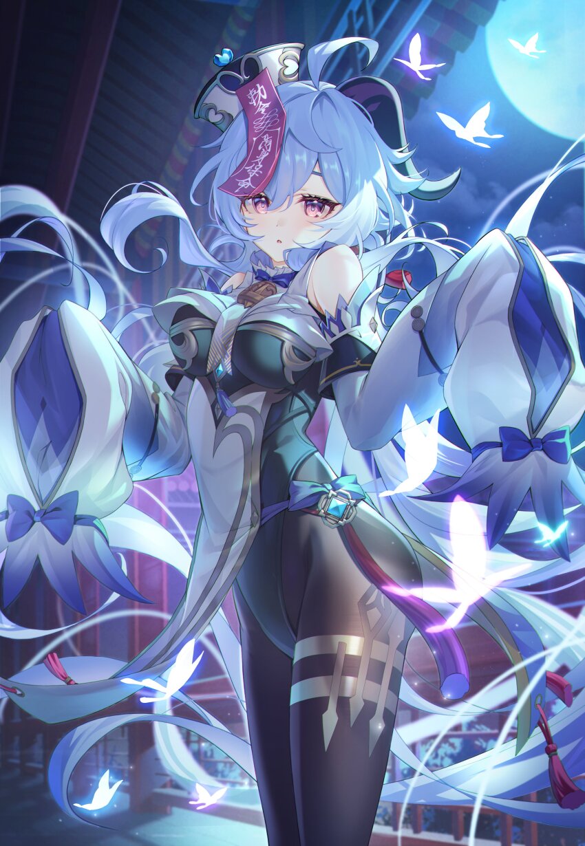 1girl, :o, absurdres, ahoge, bare_shoulders, bell, black_horns, black_leggings, black_leotard, black_pantyhose, blue_bow, blue_bowtie, blue_butterfly, blue_gem, blue_hair, bodystocking, bodysuit, bow, bowtie, breasts, bug, butterfly, chinese_text, cloud, cosplay, cowbell, cowboy_shot, detached_sleeves, diamond_(shape), dot_nose, eyebrows_hidden_by_hair, eyelashes, floating_hair, ganyu_(genshin_impact), gem, genshin_impact, glowing_butterfly, goat_girl, goat_horns, gold_trim, groin, hair_between_eyes, hands_up, hat, heart-shaped_gem, highres, horns, insect, jewelry, jiangshi, ktm, leggings, leotard, leotard_under_clothes, light_blue_hair, light_particles, long_hair, long_sleeves, looking_at_viewer, medium_breasts, moon, multicolored_horns, neck_bell, night, open_mouth, outdoors, pantyhose, pink_butterfly, purple_eyes, qingdai_guanmao, red_horns, shenhe_(genshin_impact), shenhe_(genshin_impact)_(cosplay), shrine, skirt, sky, sleeves_past_fingers, sleeves_past_wrists, solo, talisman, tassel, thighlet, thighs, translation_request, transparent_butterfly, two-tone_horns, vision_(genshin_impact), white_skirt, white_sleeves
