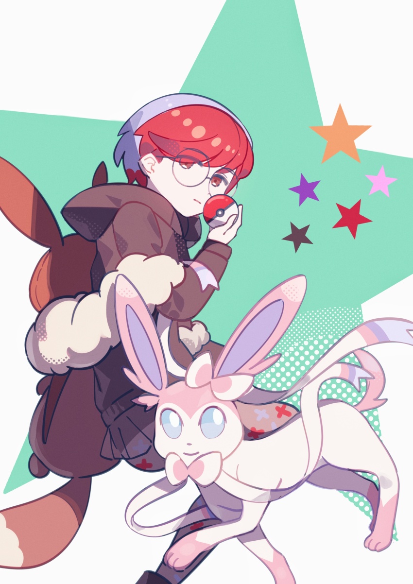 1girl, absurdres, backpack, bag, brown_bag, commentary_request, from_side, ganezugarrrrr, gen_6_pokemon, glasses, hand_up, highres, holding, holding_poke_ball, hood, hood_down, hoodie, long_sleeves, multicolored_hair, nintendo, pantyhose, penny_(pokemon), poke_ball, poke_ball_(basic), pokemon, pokemon_(creature), pokemon_scarlet_and_violet, print_pantyhose, red_hair, round_eyewear, see-through_clothes, see-through_skirt, short_hair, skirt, sylveon, two-tone_hair