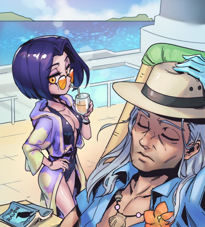 1boy, 1girl, alternate_costume, beach, black_one-piece_swimsuit, blue_shirt, boat, book