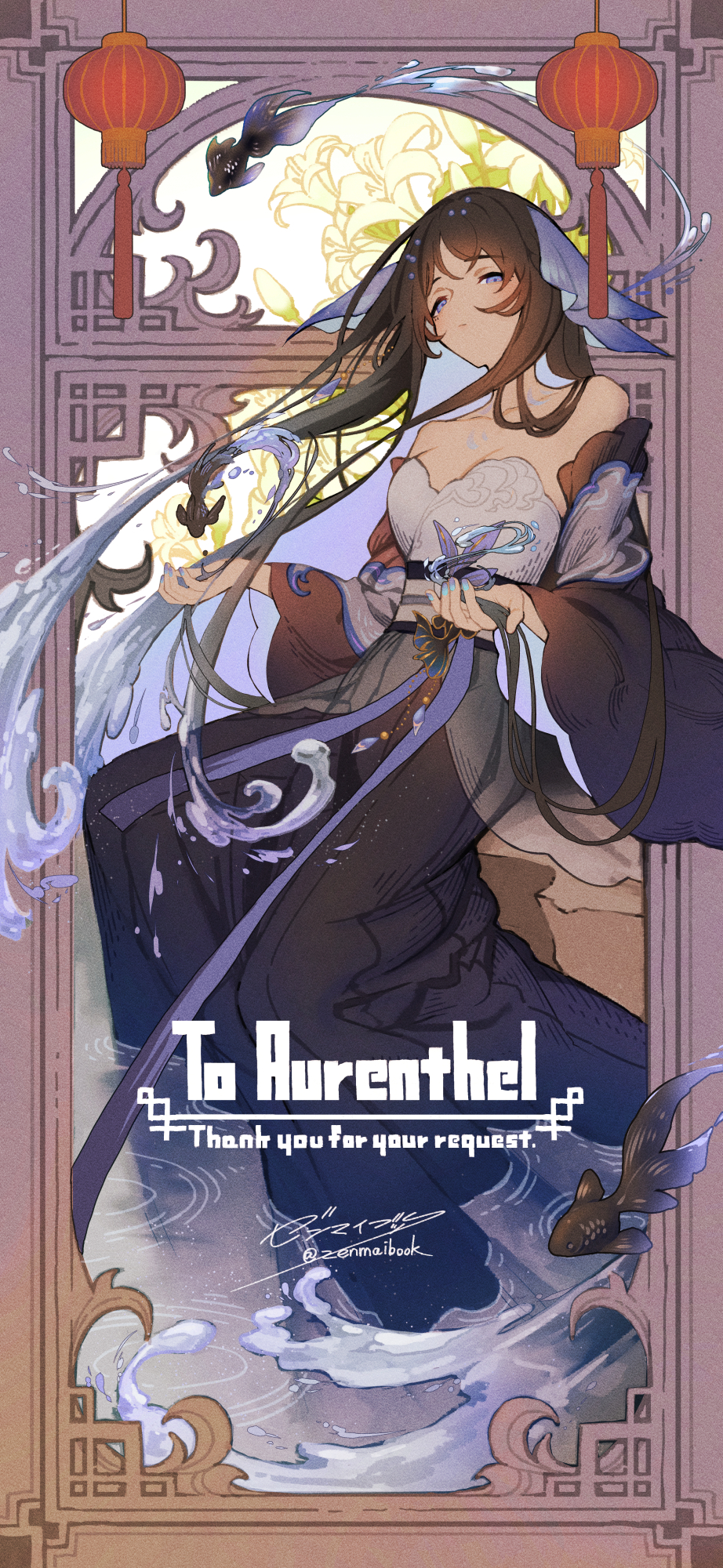 1girl, aurenthel_(vtuber), bare_shoulders, black_skirt, brown_hair, bug, butterfly, character_name