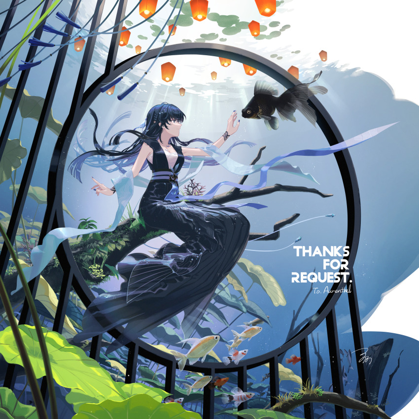1girl, absurdres, arm_at_side, aurenthel_(vtuber), black_dress, black_hair, blue_eyes, blue_nails, blue_shawl, breasts, caustics, character_name, choki, closed_mouth, commission, dress, english_text, fish, floating_hair, full_body, hand_up, highres, index_finger_raised, indie_virtual_youtuber, lantern, long_dress, looking_at_animal, nail_polish, paper_lantern, plant, second-party_source, shawl, shirt, shirt_under_dress, sitting, sitting_on_branch, skeb_commission, sleeveless, sleeveless_dress, small_breasts, solo, underwater, virtual_youtuber, watermark, white_shirt