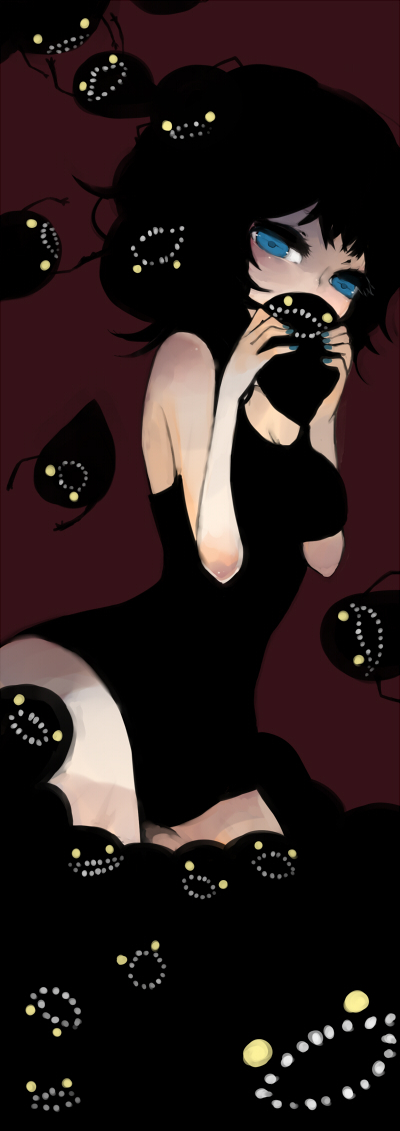 1girl, aqua_nails, bad_id, bad_pixiv_id, black_hair, blue_eyes, dark, darkness