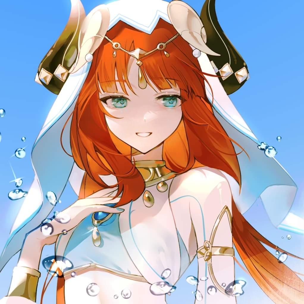 1girl, blue_eyes, blue_sky, breasts, brooch, commentary_request, crop_top, day, fake_horns, genshin_impact, grin, horns, jewelry, kuiqiu_kq, long_hair, looking_at_viewer, midriff, neck_ring, nilou_(genshin_impact), red_hair, sky, small_breasts, smile, solo, upper_body, veil, very_long_hair