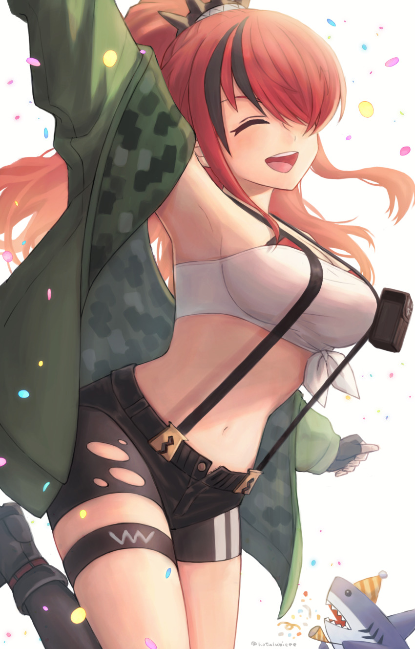 1girl, :d, ^_^, absurdres, arm_up, armpits, bandeau, bare_shoulders