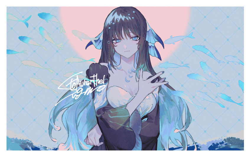 1girl, arm_under_breasts, aurenthel_(vtuber), black_hair, blue_eyes, blue_hair, blue_nails, breasts