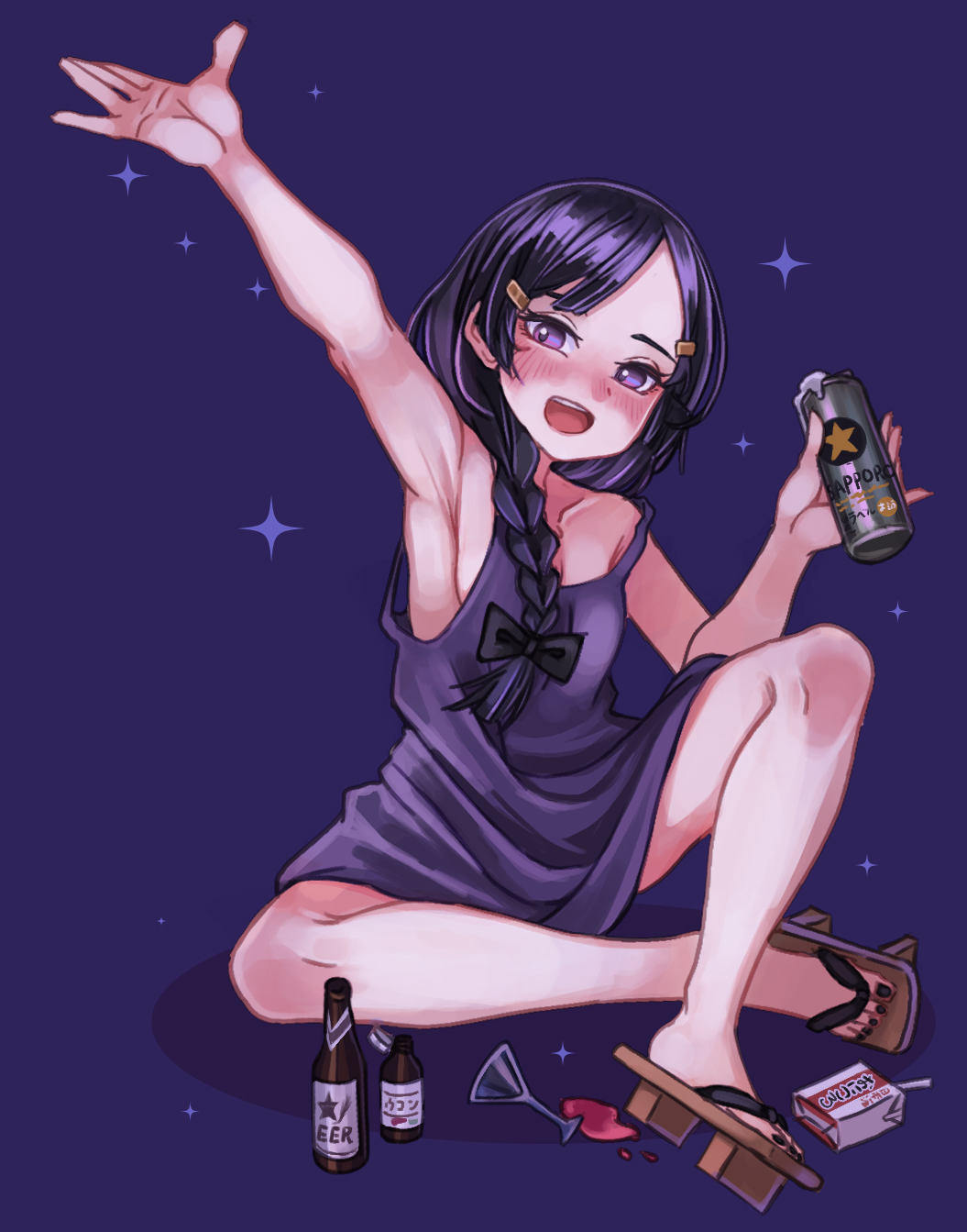 1girl, alcohol, alcohol_carton, beer, beer_bottle, beer_can, betty_(va-11_hall-a), black_nails