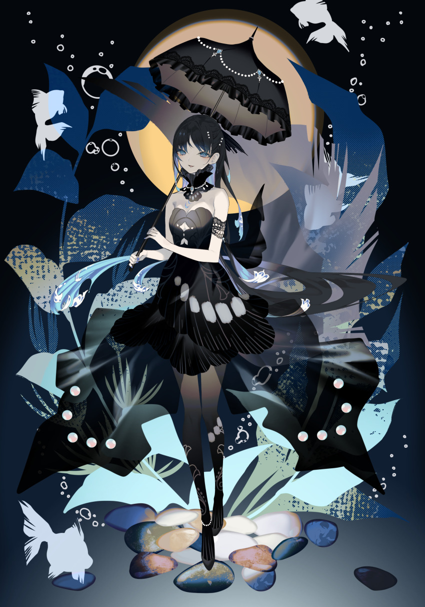 1girl, absurdres, air_bubble, aurenthel_(vtuber), bare_shoulders, black_dress, black_hair, black_pantyhose, black_umbrella, blue_eyes, blue_hair, breasts, brooch, bubble, colored_inner_hair, detached_collar, dress, fish, full_body, grey_shoes, highres, holding, holding_umbrella, indie_virtual_youtuber, jewelry, kotarou_(kot_mochi), long_hair, looking_at_viewer, multicolored_hair, pantyhose, parted_lips, see-through_clothes, see-through_dress, shoes, small_breasts, solo, strapless, strapless_dress, umbrella, virtual_youtuber