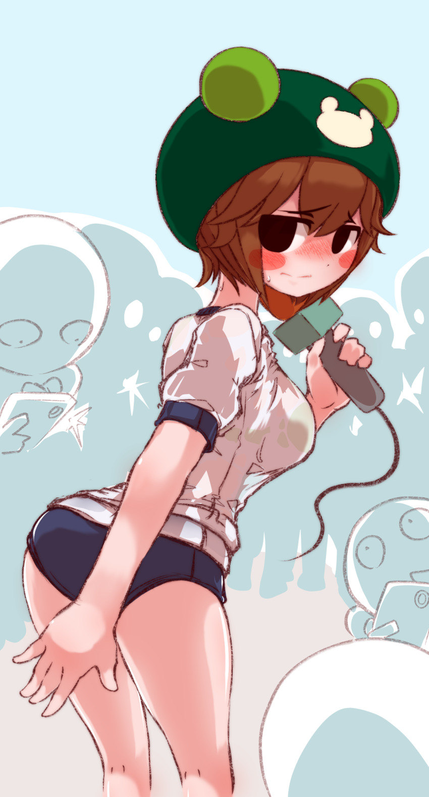 1girl, 6+boys, artist_request, bare_legs, blue_buruma, blush, blush_stickers, breasts