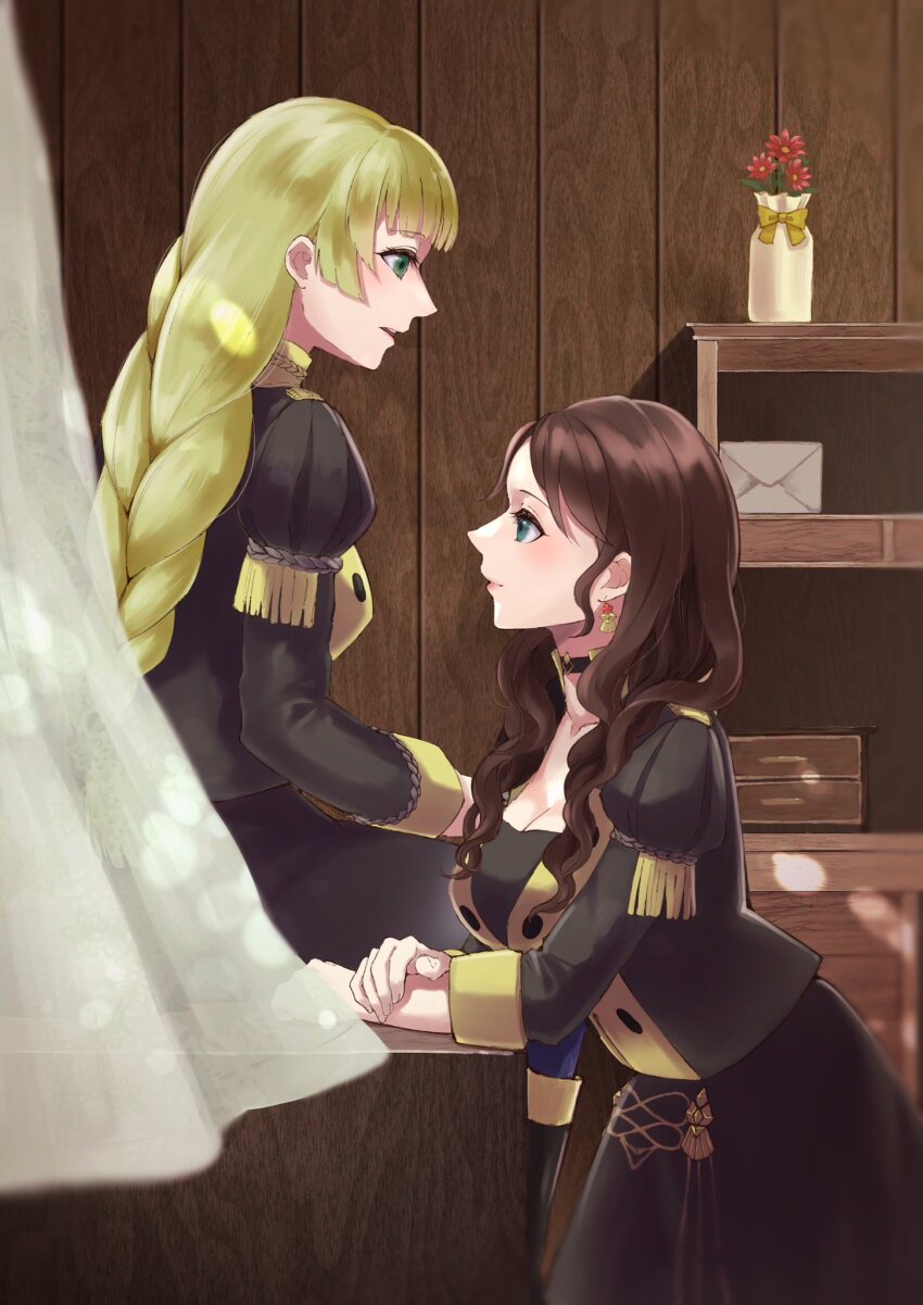 2girls, black_choker, black_jacket, black_skirt, blonde_hair, blunt_bangs, breasts, brown_hair