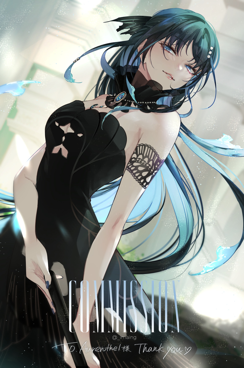 1girl, absurdres, aurenthel_(vtuber), black_hair, blue_eyes, blue_hair, blue_nails, breasts