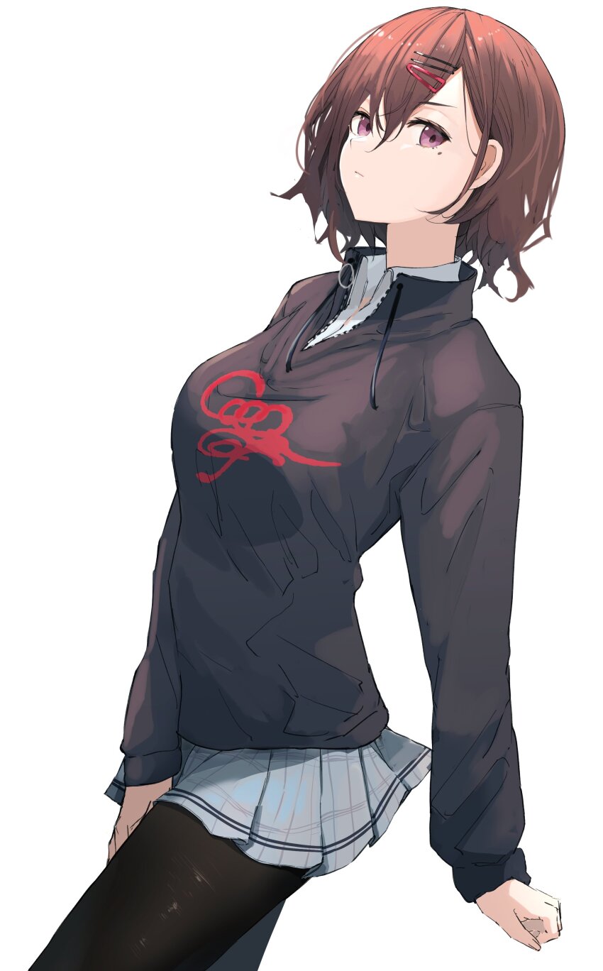 1girl, absurdres, black_footwear, black_pantyhose, breasts, brown_hair, grey_skirt, hair_ornament