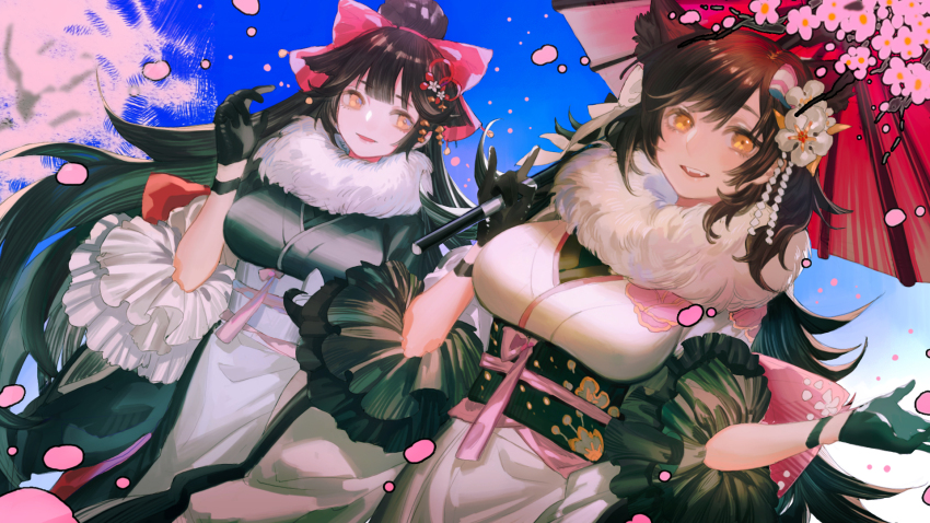 2girls, atago_(azur_lane), atago_(hallmarks_of_winter)_(azur_lane), azur_lane, black_gloves, black_hair, black_kimono, bow, breasts, cherry_blossoms, commentary, day, flower, fur-trimmed_kimono, fur_trim, gloves, hair_bow, hair_flower, hair_ornament, hands_up, highres, holding, holding_umbrella, japanese_clothes, kimono, kukuish, large_breasts, long_hair, looking_at_viewer, multiple_girls, obi, official_alternate_costume, oil-paper_umbrella, parted_lips, pink_bow, ponytail, sash, siblings, sisters, sky, smile, takao_(azur_lane), teeth, umbrella, upper_teeth_only, very_long_hair, white_bow, white_flower, white_kimono, yellow_eyes