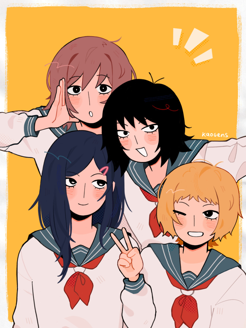 4girls, artist_name, black_eyes, black_hair, blonde_hair, blue_hair, blush, border