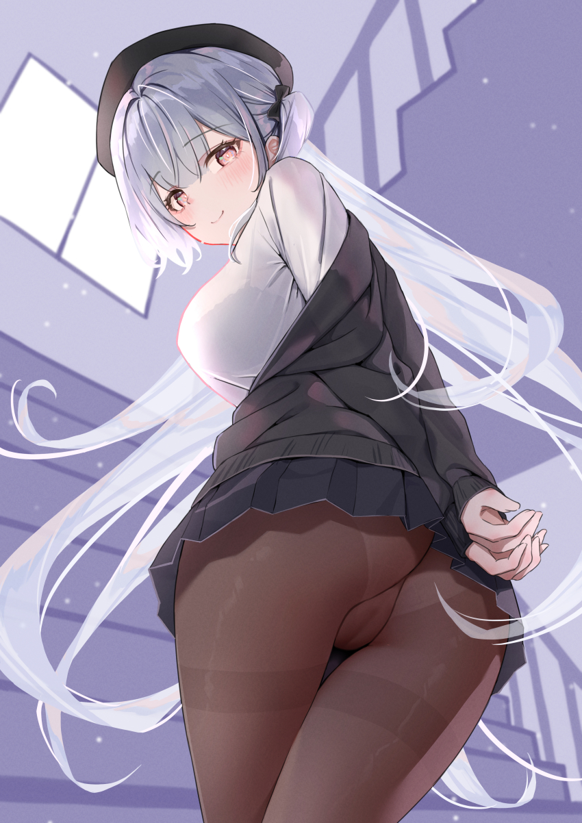 1girl, absurdres, arms_behind_back, ass, azur_lane, black_headwear, black_pantyhose, black_skirt, black_sweater, blush, breasts, classic_(zildjian33), cleavage, cowboy_shot, crossed_legs, highres, large_breasts, looking_at_viewer, naughty_face, official_alternate_costume, pantyhose, red_eyes, school_uniform, scylla_(azur_lane), scylla_(femme_fatale_fresher)_(azur_lane), shirt, skirt, smile, solo, stairs, sweater, twintails, white_hair, white_shirt