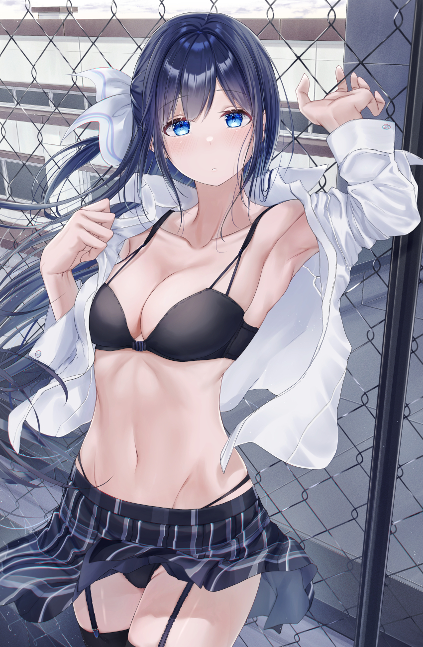 1girl, absurdres, arm_up, armpits, black_bra, black_hair, black_panties, black_skirt