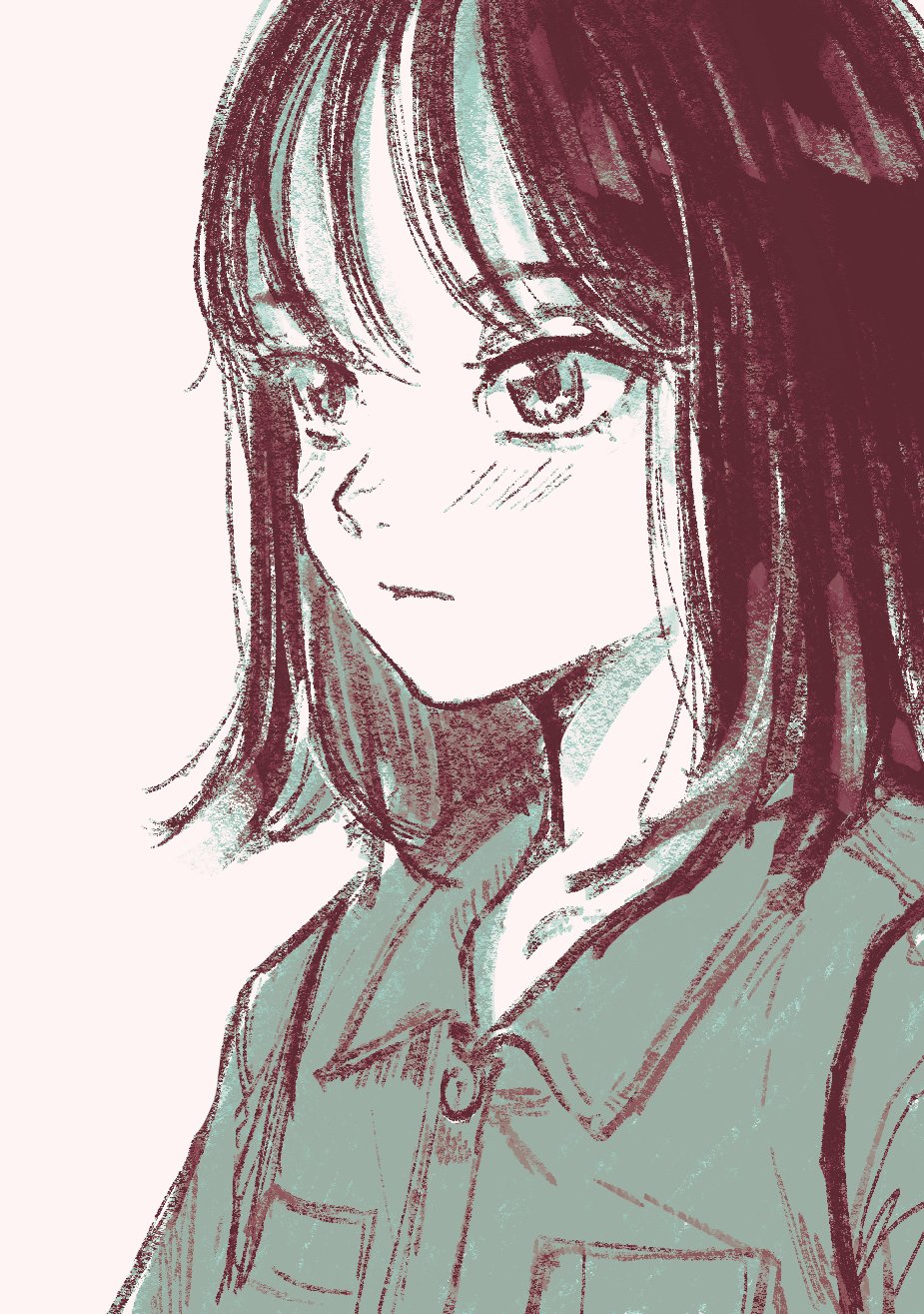 1girl, greyscale, highres, katahara_(no_108105), medium_hair, monochrome, shirt, shishio_tamaki