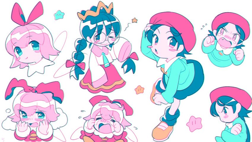 adeleine, adeleine_(kirby), angry, crying, fairy_queen, hand_on_own_head, kirby_(series), kirby_64, nintendo, orange_shoes, porta3948_5, ribbon, ribbon_(kirby), ripple_star_queen, round_eyewear, shoes