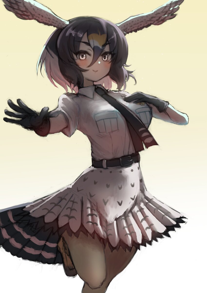 1girl, bird_girl, bird_tail, bird_wings, black_gloves, blonde_hair, blush, brown_hair