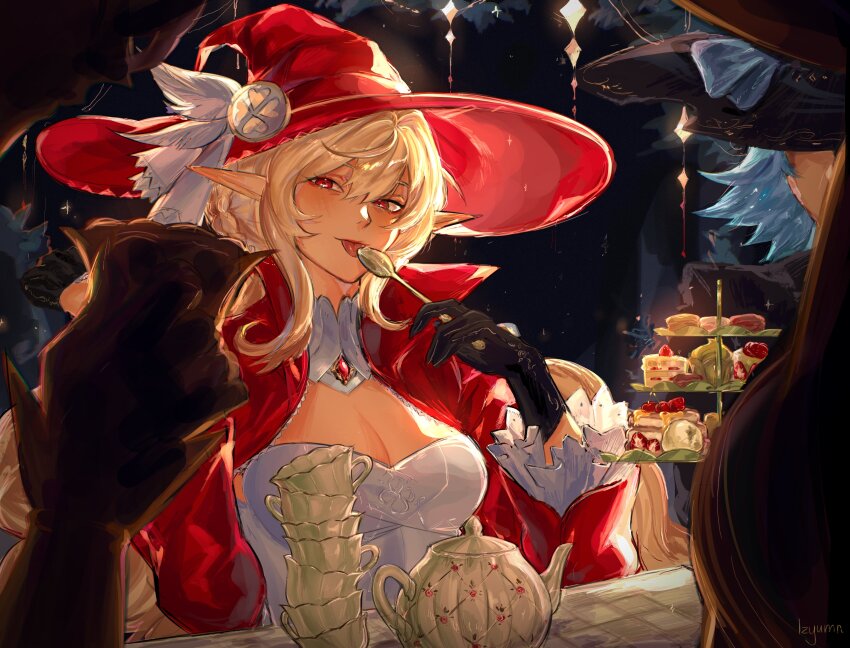 1girl, 3girls, absurdres, alice_(genshin_impact), artist_name, black_gloves, blonde_hair, blush, breasts, cake, cleavage, cup, dress, food, genshin_impact, gloves, hat, hat_feather, hat_ornament, highres, holding, holding_cup, holding_spoon, izyumn, licking, looking_at_viewer, medium_breasts, multiple_girls, pointy_ears, red_dress, red_headwear, sitting, solo_focus, spoon, teacup, teapot, tongue, tongue_out, witch_hat
