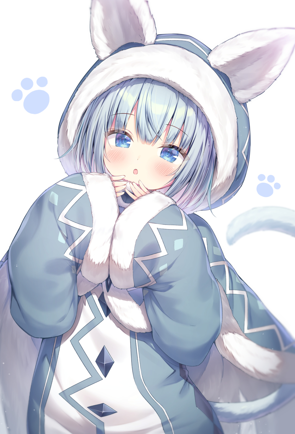 1girl, animal_hood, blue_eyes, blue_hair, cape, cat_girl, cat_tail, fur-trimmed_cape
