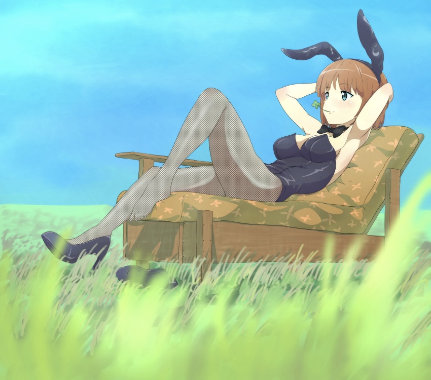 1girl, absurdres, animal_ears, armpits, arms_behind_head, black_bow, black_bowtie, black_leotard