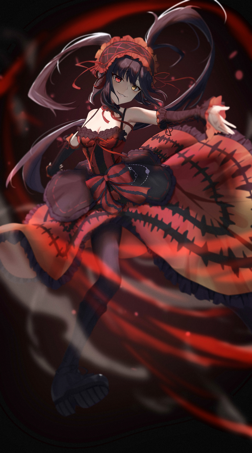 1girl, absurdres, armpits, black_boots, black_choker, black_pantyhose, black_sleeves, blurry, blurry_background, boots, breasts, brown_hair, choker, cleavage, clock_eyes, date_a_live, detached_sleeves, dress, floating_hair, full_body, gothic_lolita, hair_ribbon, hairband, highres, hui_night, knee_boots, lolita_fashion, lolita_hairband, long_hair, long_sleeves, medium_breasts, outstretched_arms, pantyhose, parted_lips, red_dress, red_eyes, red_ribbon, ribbon, sleeveless, sleeveless_dress, smile, solo, symbol-shaped_pupils, tokisaki_kurumi, twintails, very_long_hair, yellow_eyes