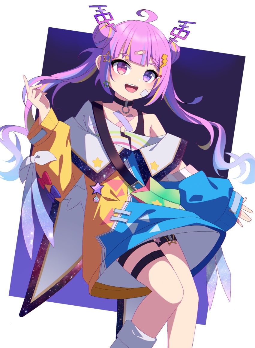 1girl, :d, ahoge, ankle_socks, antennae, bag, bandaid, bandaid_hair_ornament