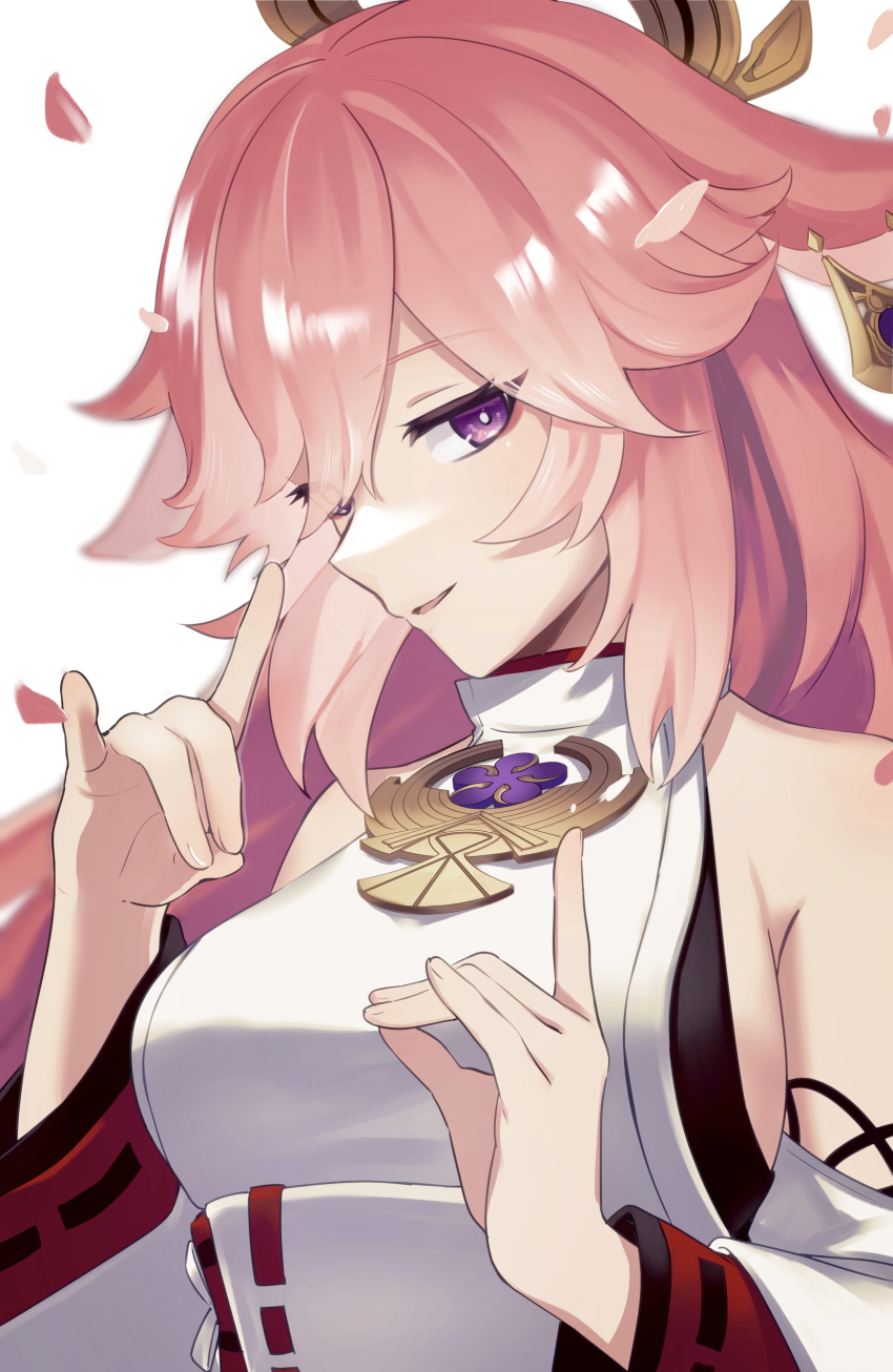 1girl, :d, absurdres, animal_ears, breasts, commentary_request, detached_sleeves, double_fox_shadow_puppet, earrings, fox_ears, fox_girl, fox_shadow_puppet, genshin_impact, hair_between_eyes, hair_ornament, highres, japanese_clothes, jewelry, kissousan, long_hair, long_sleeves, looking_at_viewer, looking_to_the_side, medium_breasts, nontraditional_miko, open_mouth, parted_lips, pink_hair, purple_eyes, ribbon-trimmed_sleeves, ribbon_trim, sideboob, sidelocks, simple_background, smile, solo, vision_(genshin_impact), white_background, wide_sleeves, yae_miko