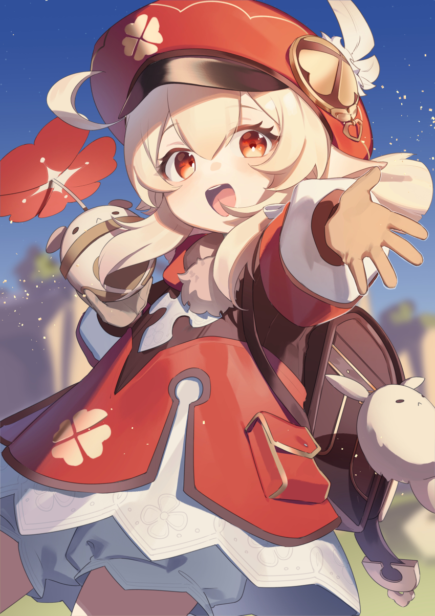 1girl, :d, absurdres, ahoge, aiming, aiming_at_viewer, backpack, bag, bag_charm, bloomers, blurry, brown_gloves, brown_scarf, newsboy_cap, charm_(object), child, clover_print, coat, commentary_request, depth_of_field, dodoco_(genshin_impact), genshin_impact, gloves, hair_between_eyes, hat, hat_feather, hat_ornament, highres, jumpy_dumpty, kissousan, klee_(genshin_impact), light_brown_hair, long_hair, long_sleeves, looking_at_viewer, open_mouth, orange_eyes, pocket, randoseru, reaching, reaching_towards_viewer, red_coat, red_hat, scarf, sidelocks, smile, solo, throwing, underwear