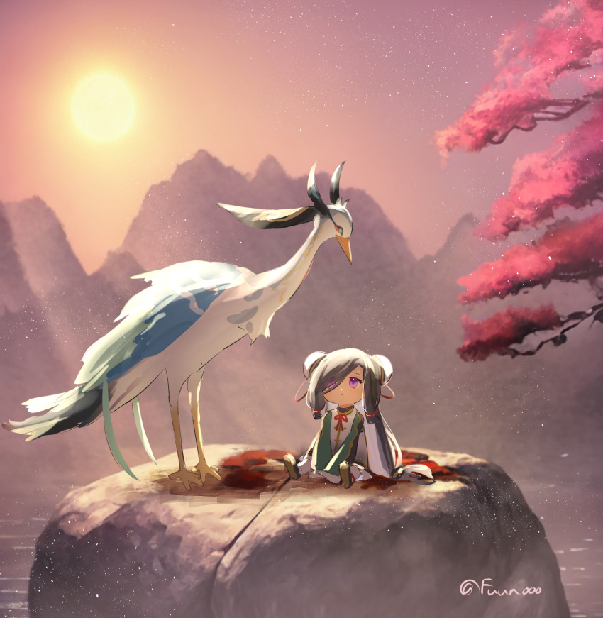 1girl, 1other, aged_down, animal, artist_name, bird, black_hair, blurry