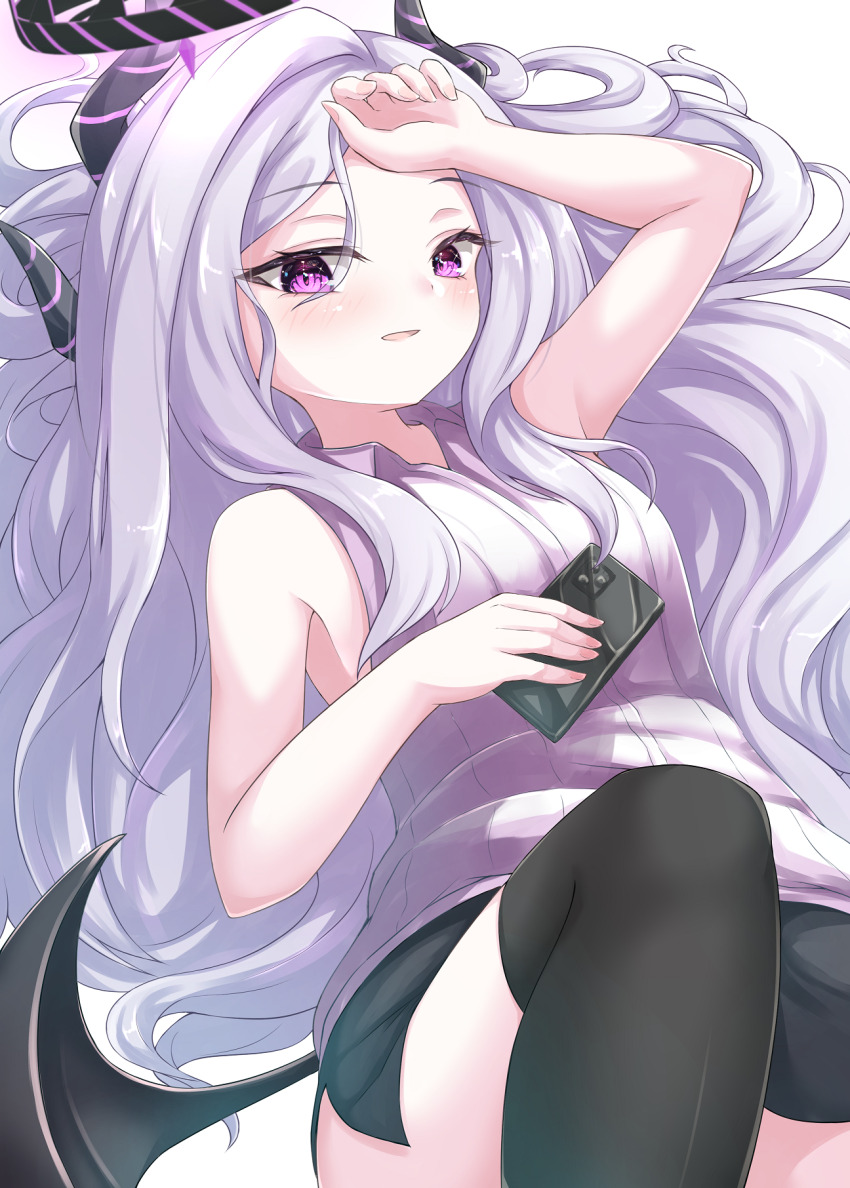 1girl, :d, ahoge, armpits, bed_sheet, black_thighhighs, blue_archive, cellphone